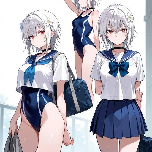 Albino Girl in School Uniform and Swimsuit