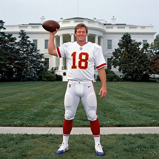 Photograph of a smiling male football player in white uniform with red number 18, holding a football, standing on grass in front of the White House