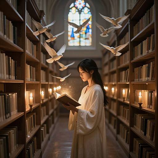 Photograph of a serene woman in a white robe, reading in a dimly lit library with candles and flying doves.