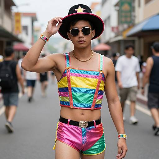 Photograph of a young Asian man in vibrant, rainbow-patterned crop top and shorts, black hat with star, sunglasses, and bracelets, walking down