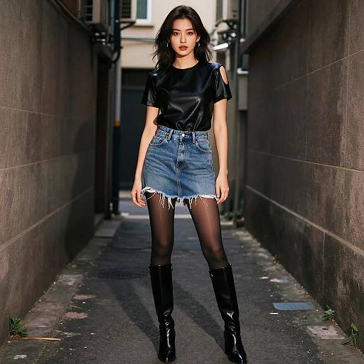 Photograph of a young Asian woman with long black hair, wearing a black satin top, frayed denim skirt, black stockings, and knee-high black