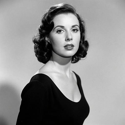 Black-and-white photograph of a 1940s-style woman with short, wavy dark hair, wearing a black off-shoulder dress, looking