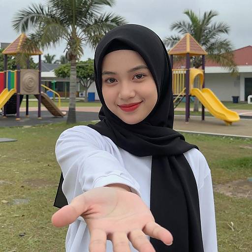 Young woman in hijab reaching out outdoors