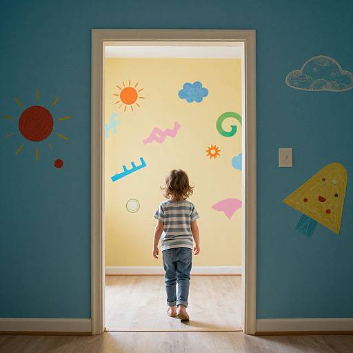 Photograph of a young boy with curly hair, wearing a striped shirt and jeans, standing in a doorway, facing colorful, child-friendly wall art depicting
