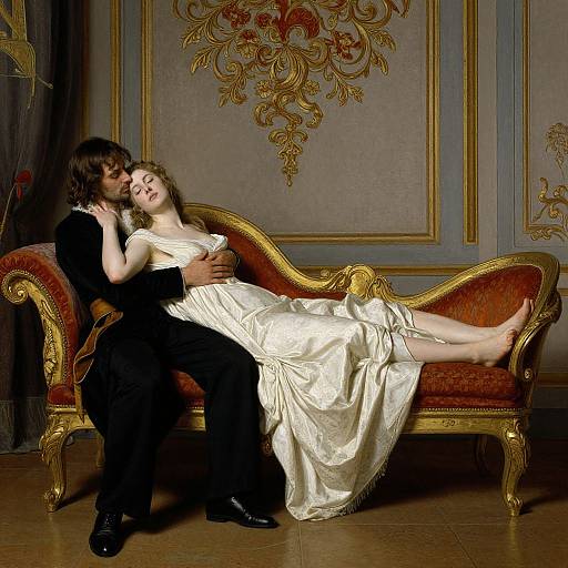 Romantic photograph of a dark-haired man in black, embracing a fair-haired woman in a white, flowing dress, on an ornate red and gold