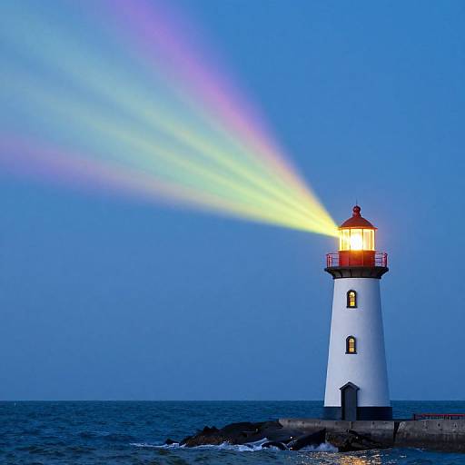 Photograph of a white lighthouse with red roof, emitting bright yellow beam of light into a clear blue evening sky over the ocean.