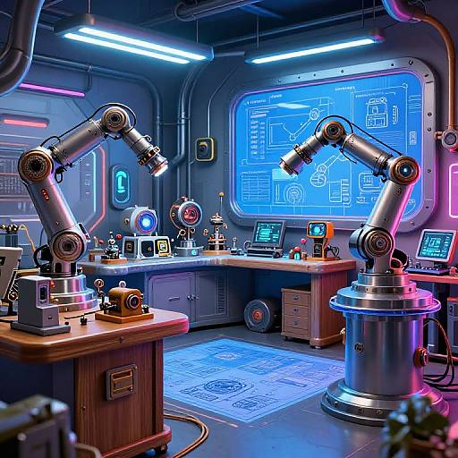 Photorealistic digital artwork of a futuristic lab with two robotic arms, neon blue lighting, holographic display, and high-tech equipment.