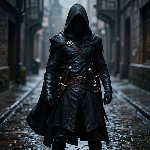 Mysterious, hooded figure in black leather cloak with metal buttons, standing in a rainy, narrow urban alleyway, blurred background. Digital art.