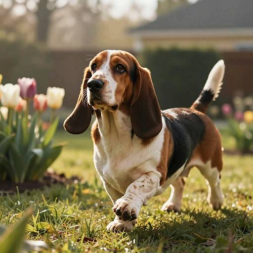 Photorealistic Basset Hound in Blooming Backyard