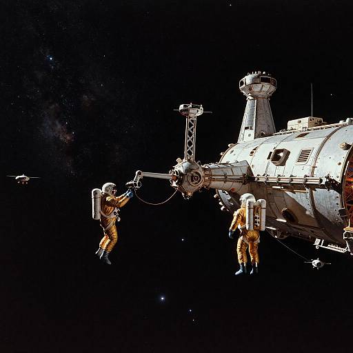 Astronauts Working on Space Station Docking Arm