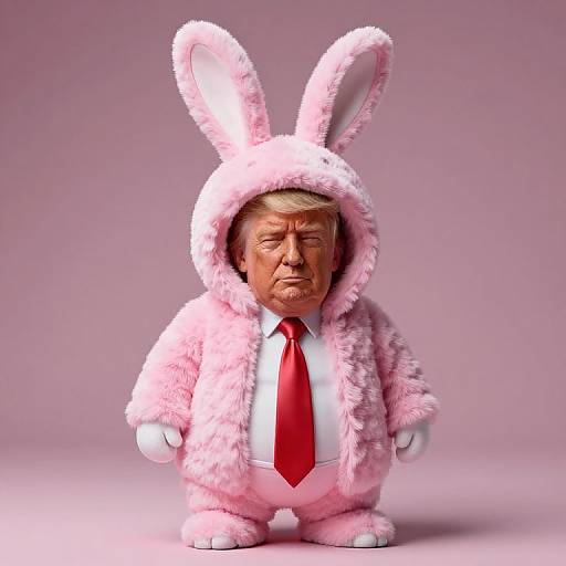 Photograph of an older man in a pink, furry bunny costume with long ears, white shirt, and red tie, standing against a pink background.