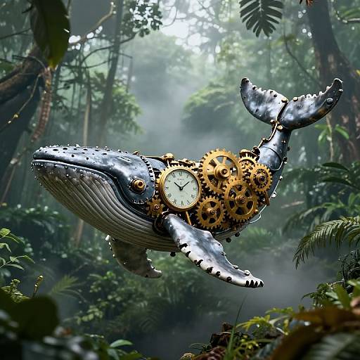 Mechanical Whale in Misty Amazon Canopy