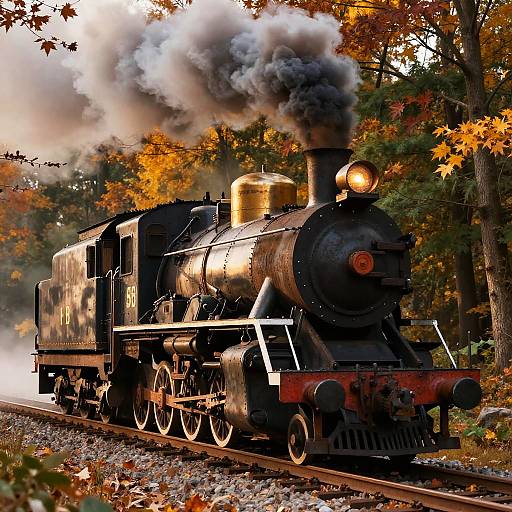 Photograph of a black steam locomotive with billowing white and black smoke, traveling through an autumn forest with vibrant orange and yellow leaves.