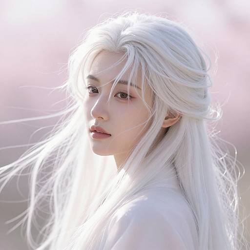 Photograph of a young woman with long, white, flowing hair, pale skin, and soft expression, backlit by bright, glowing light.