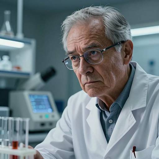 Photograph of an elderly Caucasian scientist with gray hair, glasses, and white lab coat, intensely focused in a modern laboratory.