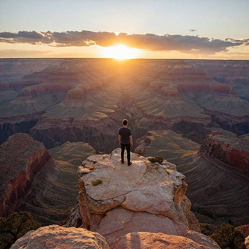 Photograph of a man in a black shirt and pants standing on a rocky cliff, gazing at a breathtaking sunset over the Grand Canyon's expansive,