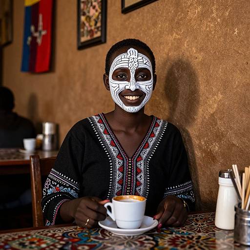 Photograph of an African woman with white painted face, dark traditional dress, holding a white cup, sitting in a patterned, warmly lit café.