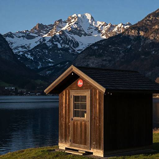 Photograph of a small wooden shed with a red 