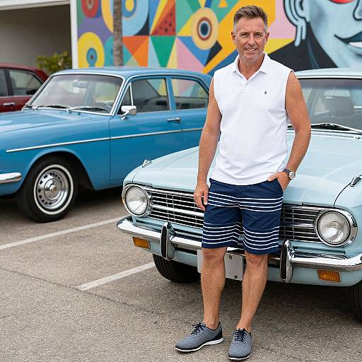 Photograph of a smiling middle-aged man in a white sleeveless polo and striped shorts, standing beside a vintage blue car in a colorful, graffiti-covered