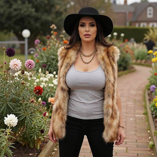 Photograph of a curvy woman with large breasts, wearing a black hat, gray tank top, fur vest, and black pants, standing in a