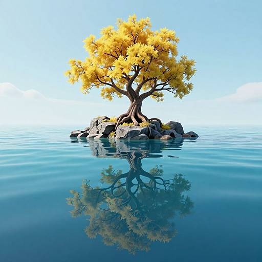 Digital art of a lone, yellow-leaved tree with reflective water, standing on rocky island in serene blue water under clear sky.