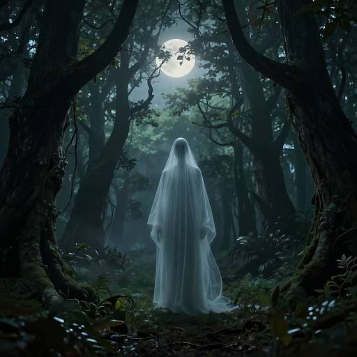 Digital artwork of a ghostly figure in a white, flowing cloak standing in a dark, misty forest at night, with a full moon shining through