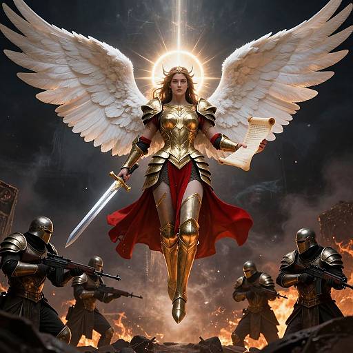 Digital artwork of a radiant, winged angel warrior in gold armor and red skirt, sword in hand, descending amid fire and four armored soldiers aiming rifles