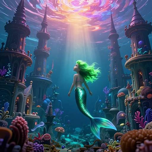 Digital fantasy artwork: Green-haired mermaid with shimmering scales swims beneath radiant, glowing sunlight in colorful, underwater castle city filled with coral and marine life