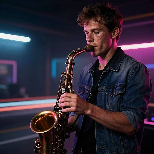 Young Man Playing Saxophone with Neon Lighting