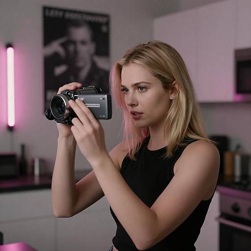 Focused Blonde Woman with Vintage Camcorder