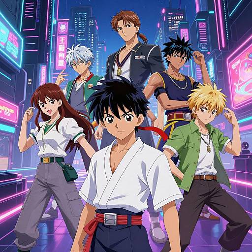 Anime-style digital illustration of six diverse characters in a neon-lit, futuristic city, each with unique outfits and expressions, standing confidently.