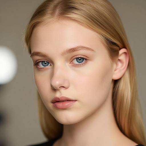 Close-up photograph of a young woman with fair skin, blue eyes, and straight blonde hair, looking directly at the camera.