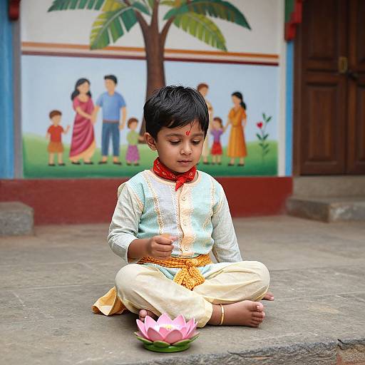 Photograph of a young Indian boy with black hair, wearing a white and gold traditional outfit, sitting cross-legged on a stone floor, focused on a