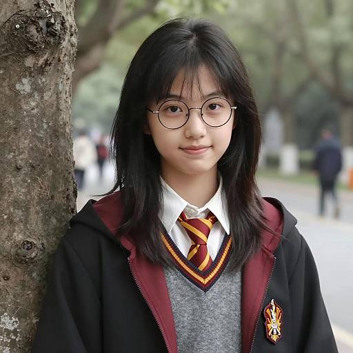 Asian Girl in School Uniform Near Tree