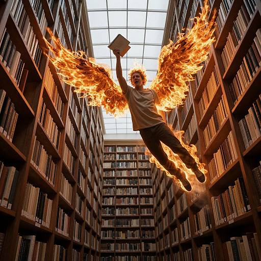 Photograph of a person with fiery wings and a book floating in a library, surrounded by tall bookshelves. Bright flames contrast with the dim library