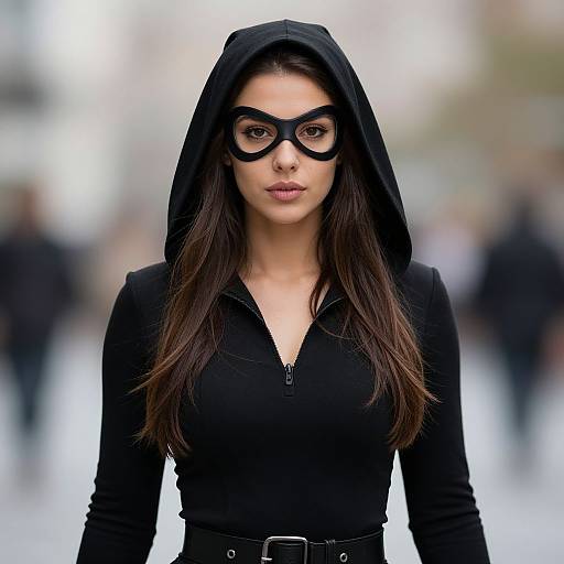 Photograph of a woman with long dark hair, wearing a black hooded zip-up top and black round-eye mask, standing in a blurred urban background