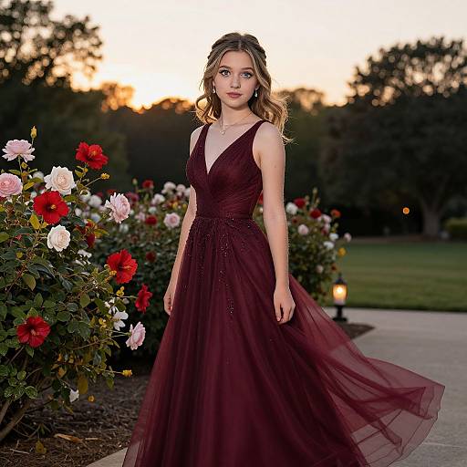 Photograph of a young woman with wavy blonde hair, wearing a deep burgundy, sleeveless, V-neck ball gown, standing in a garden