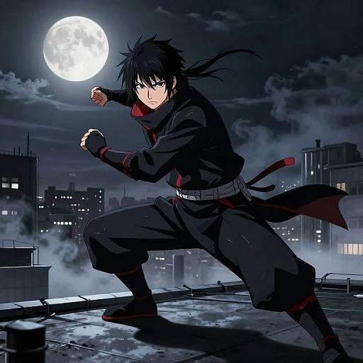 Anime-style digital artwork of a black-haired ninja in a dynamic fighting stance under a full moon, with a cityscape background.