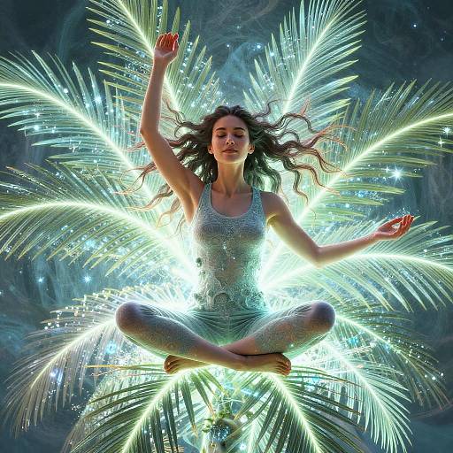 Digital artwork of a serene woman in a silver dress, meditating in lotus position, surrounded by glowing, radiant, star-like light.