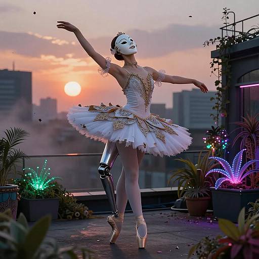 Masked Ballerina Neon Rooftop Portrait