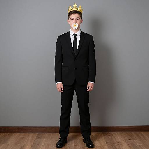 Photograph of a young man in a black suit, white shirt, black tie, and golden crown, standing against a gray wall on wooden floor.