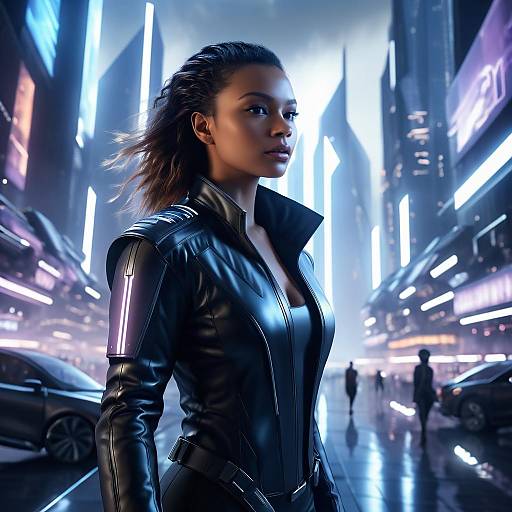 CGI image of a confident Black woman in a black leather jacket standing in a futuristic, neon-lit urban street.