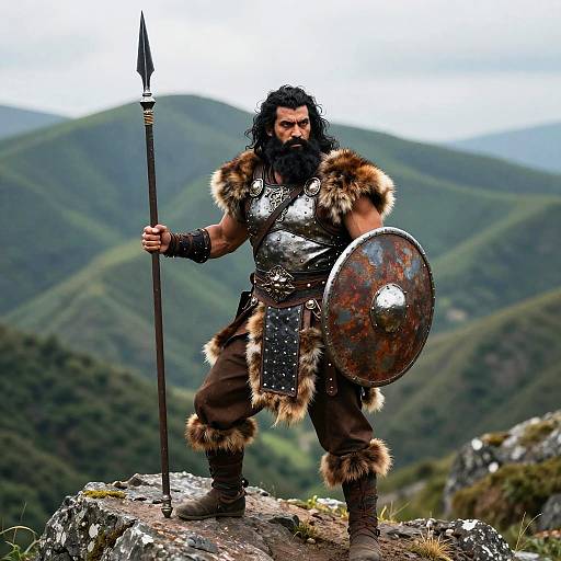 Photograph of a muscular, bearded warrior with black hair, wearing fur-trimmed armor, holding a spear and rusted shield, standing on