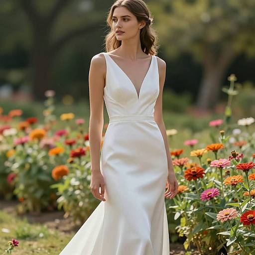 Woman in White Silk Wedding Dress in Flower Garden