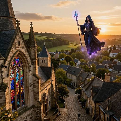 Photorealistic digital artwork of a giant, glowing wizard in dark robes holding a purple staff over a medieval village with a sunset, standing beside a detailed