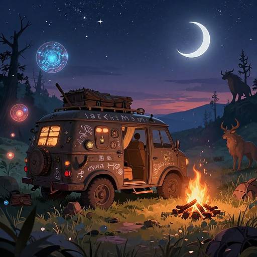 Digital art of a black, whimsically decorated van parked by a campfire under a starry night with a crescent moon, surrounded by glowing orbs