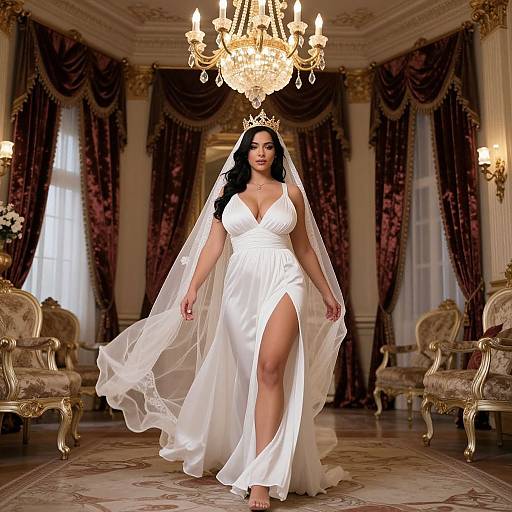 Photograph of a curvy, dark-haired woman in a white, low-cut, high-slits wedding gown with veil, tiara, and high