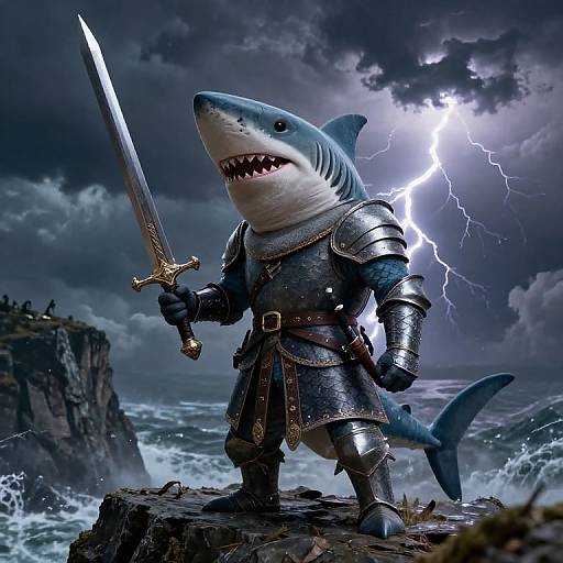 Medieval Shark Knight on Stormy Cliff