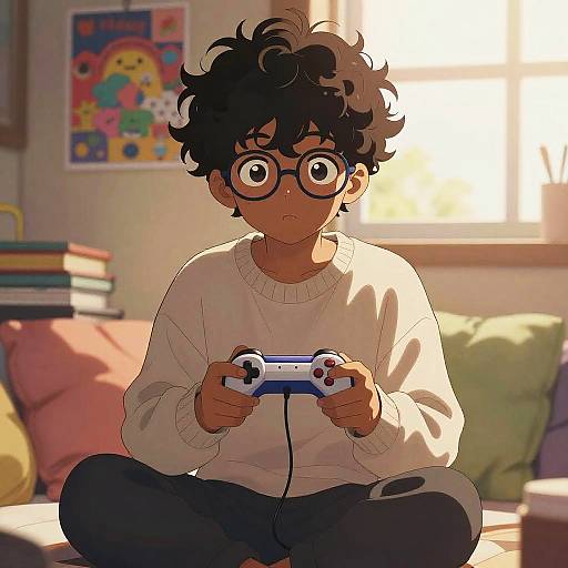 Anime-style drawing of a curly-haired, wide-eyed boy in a white sweater, sitting cross-legged on a couch, intently playing a video game controller