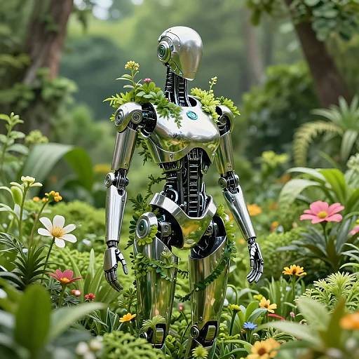 Photorealistic CGI of a metallic humanoid robot standing in a vibrant, lush forest, adorned with greenery and colorful flowers.